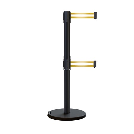 Montour Line Retractable Double Belt Rolling Stanchion, Yellow Reflective, 11 ft Length, 2.5 ft Post Height P400DRL-BK-YRH-110